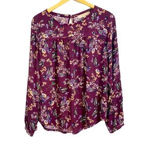 Loft Plum Purple & Multicolor Floral Long Sleeve Top, Size Medium